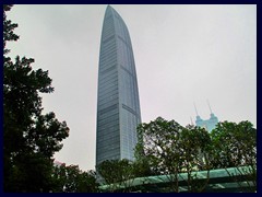 KK100, Shenzhen's tallest building until 2016 (when Pingan Int'l Center will be completed).
It was built in 2011 and also has an observation deck. It stands 442 m tall and has 100 floors. It was designed by Terry Farrell & Partners and contains, restaurants offices a luxury hotel (St Regis) and a shopping mall with the same name.The observation deck on the top has a special architecture with a high atrium and high glass ceiling.